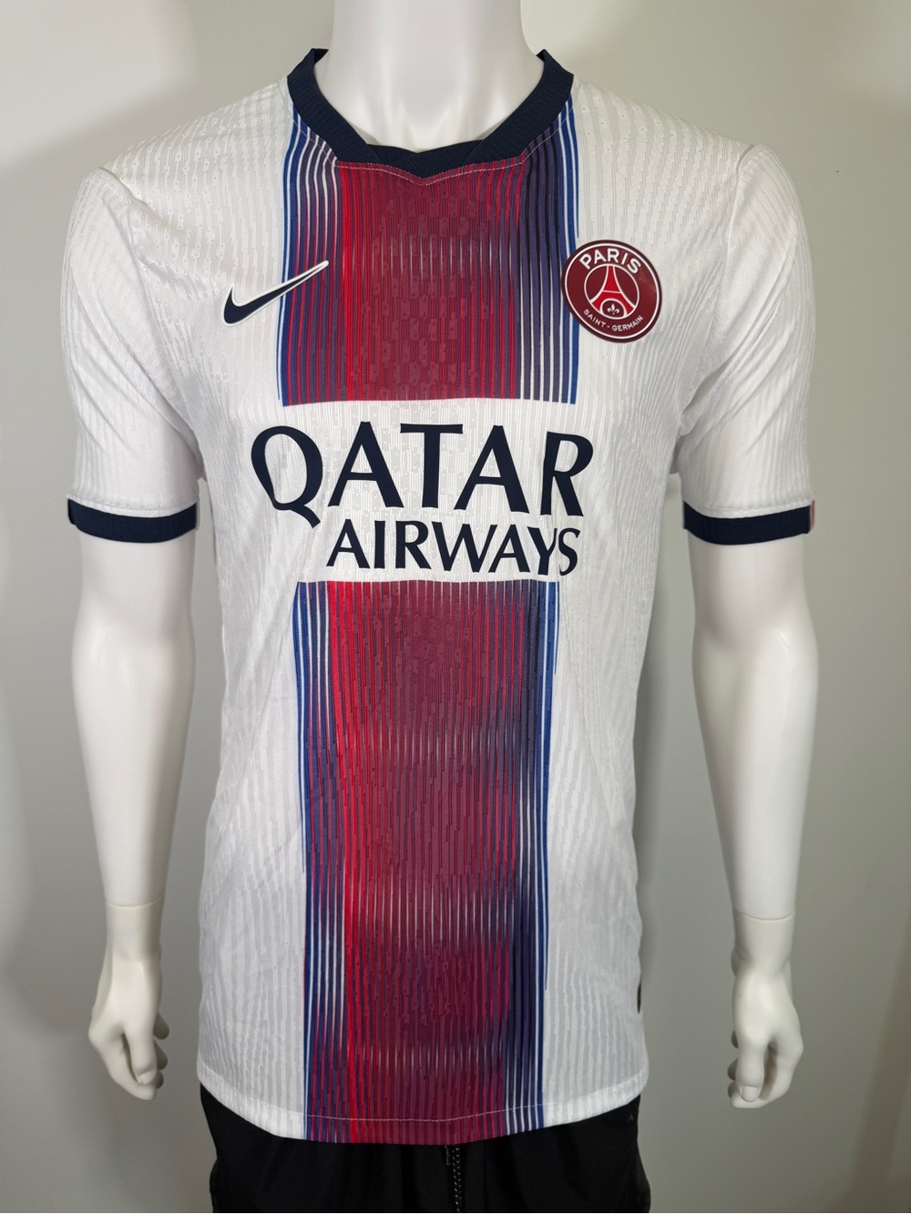 Nike PSG White Red and Blue Vertical Stripe Men's Football Jersey